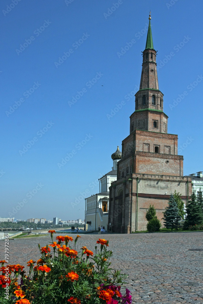 flower bed on the background of the Kazan Kremlin