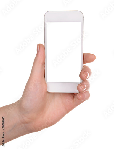 Hands holding smart phone isolated on white