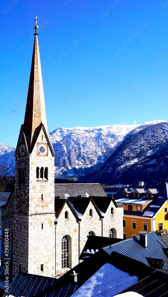 Hallstatt church with mountain view