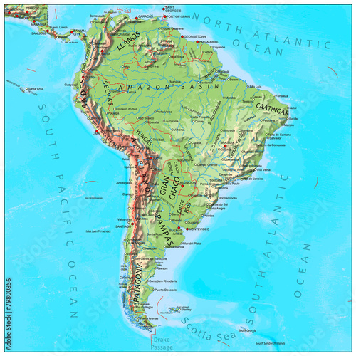 South America physical continent map