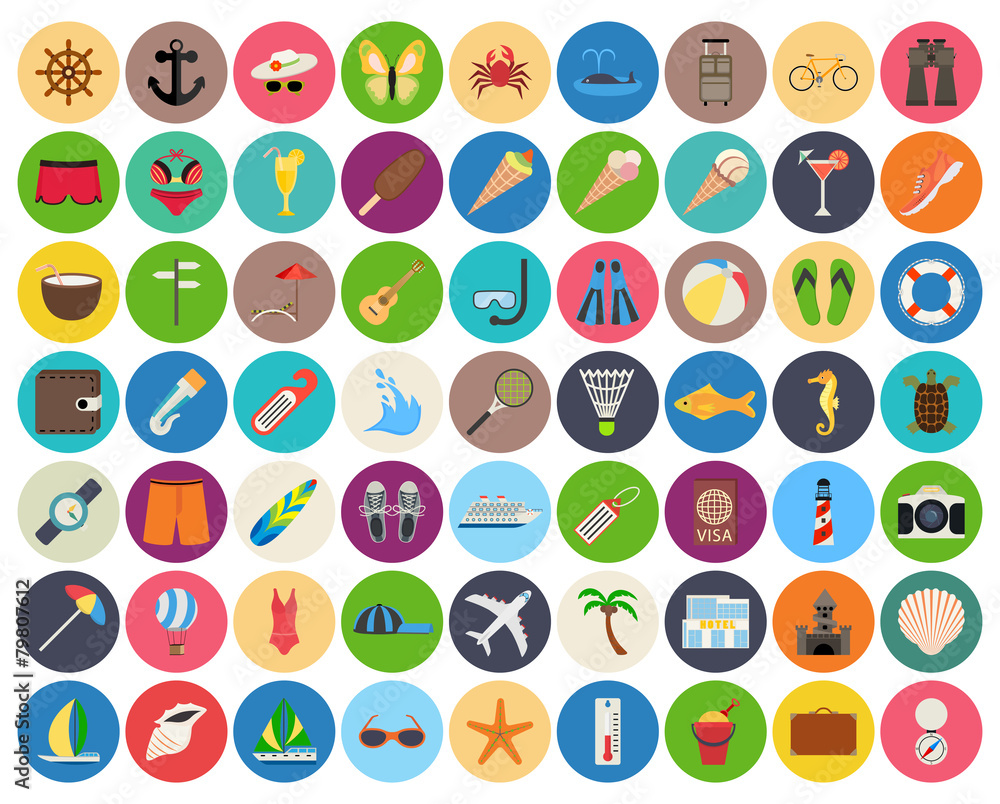 beach and summer rest colorful icon set on rounded pads beach and summer rest colorful icon set on rounded pads