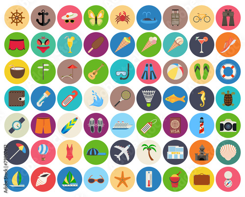 beach and summer rest colorful icon set on rounded pads