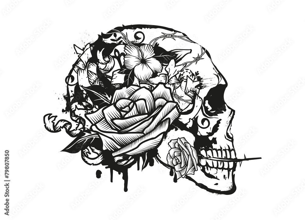 Skull mit einer Rose zwischen den Zähnen Stock-Vektorgrafik | Adobe Stock