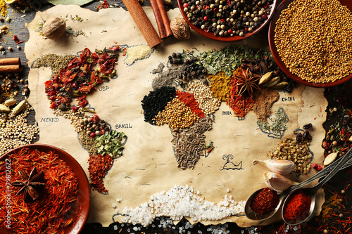 Map of world made from different kinds of spices