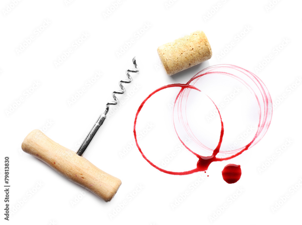 Wine stains, cork and corkscrew isolated on white Wine stains, cork and corkscrew isolated on white