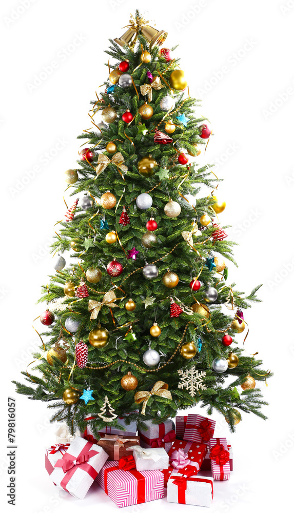 Decorated Christmas tree with presents under it isolated
