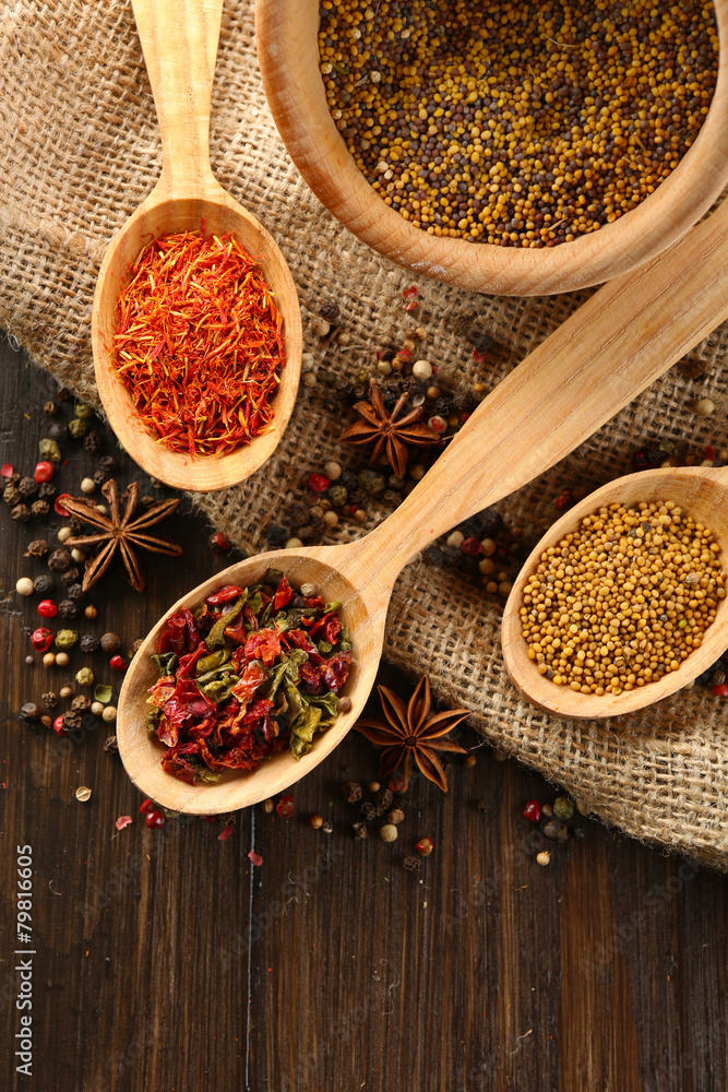 Different kinds of spices on wooden background