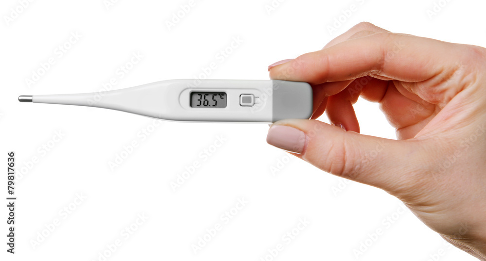 Female hand holding thermometer isolated on white Female hand holding thermometer isolated on white
