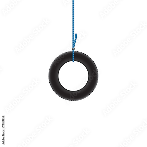 Car tire hanging on blue rope