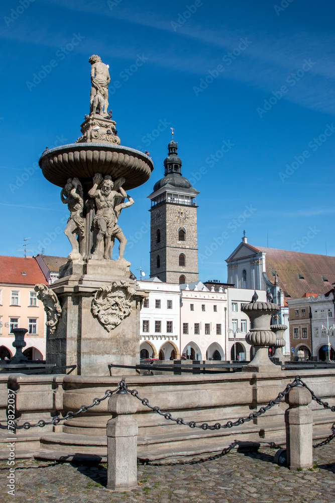Ceske Budejovice water fountaina and Tower