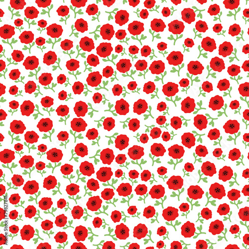 Vector  red poppy flowers seamless pattern background with hand