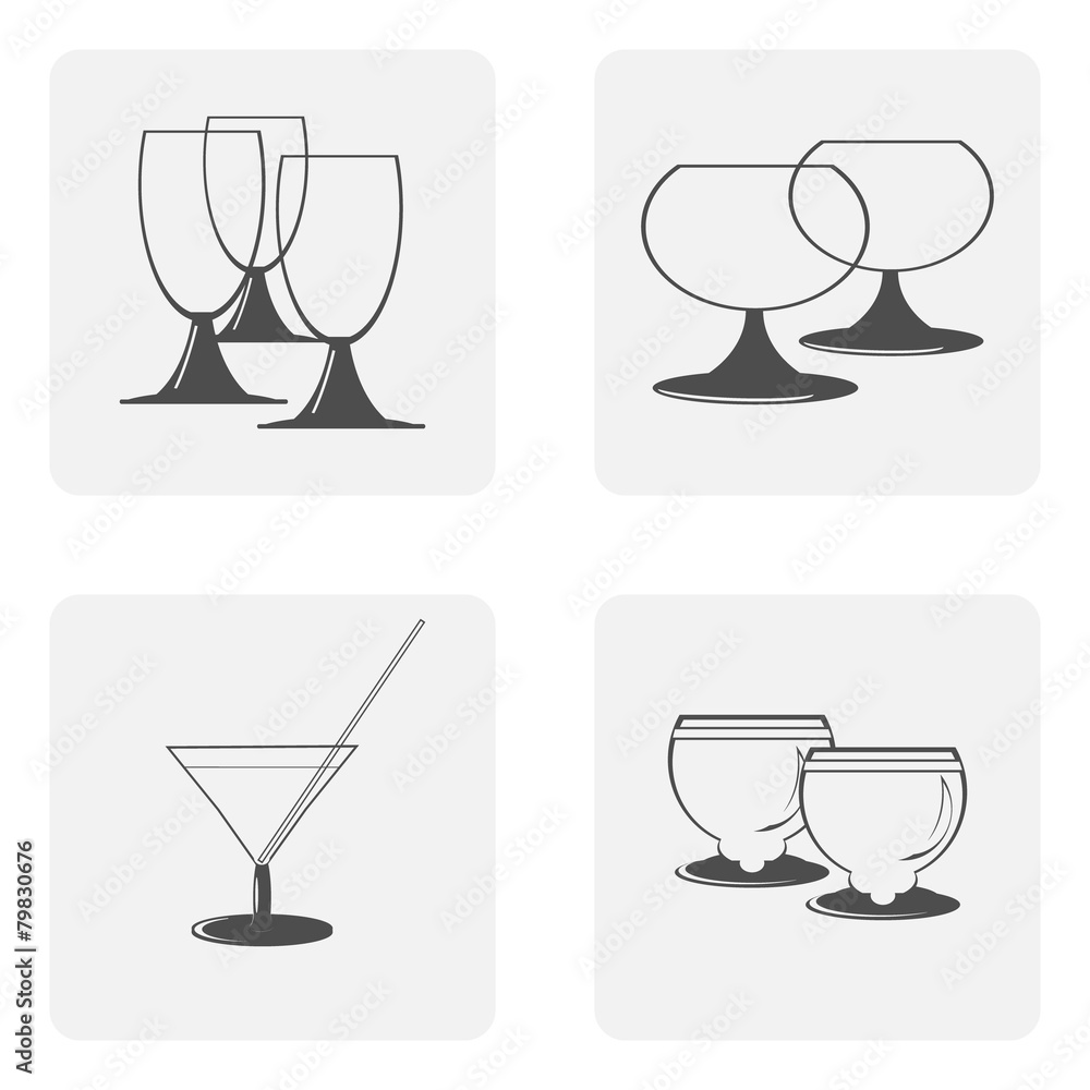 monochrome icon set with glasses, dishes monochrome icon set with glasses, dishes