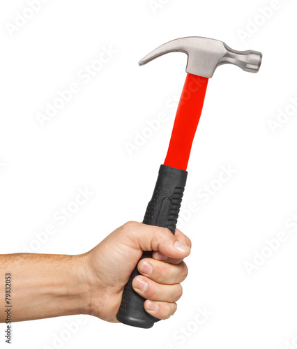 Hammer in man hand isolated on white © wolfelarry