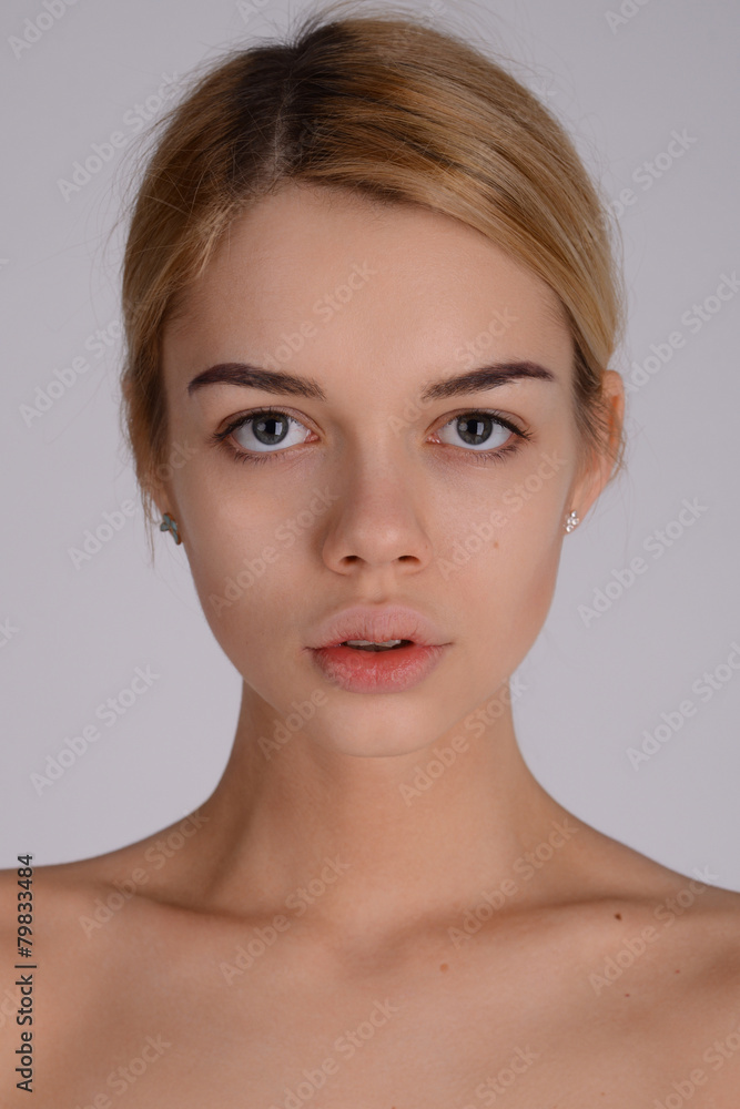 Close-up face portrait of young woman without make-up. Natural i Stock  Photo