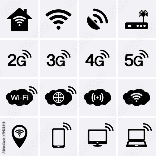 Wireless and Wifi icons. 2G, 3G, 4G and 5G