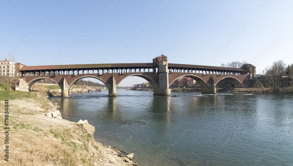 Fototapeta premium Pavia, covered bridge over the river Ticino