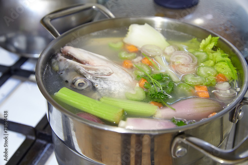 Photography Cooking  fish broth with vegetables
