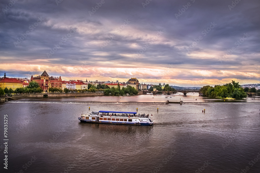 River in Prague in the evening