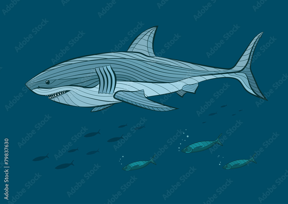 Naklejka premium Decorative white shark in the sea with fish