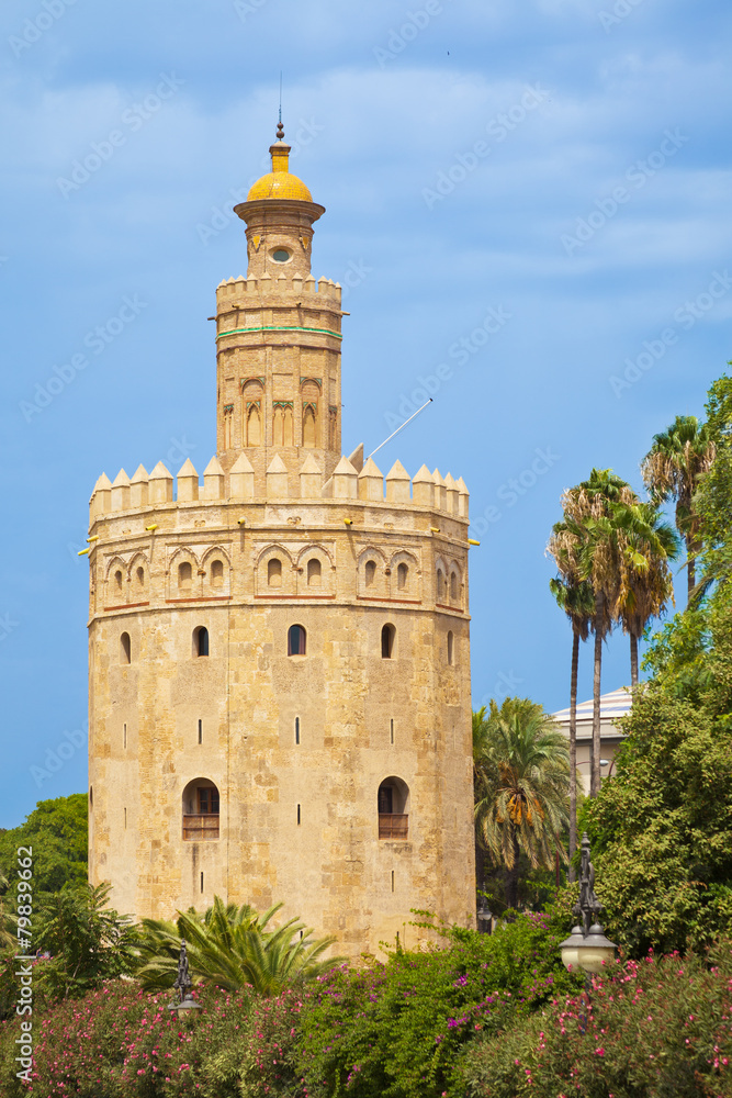 Torre del Oro framed by gardens. Sevilla, Spain