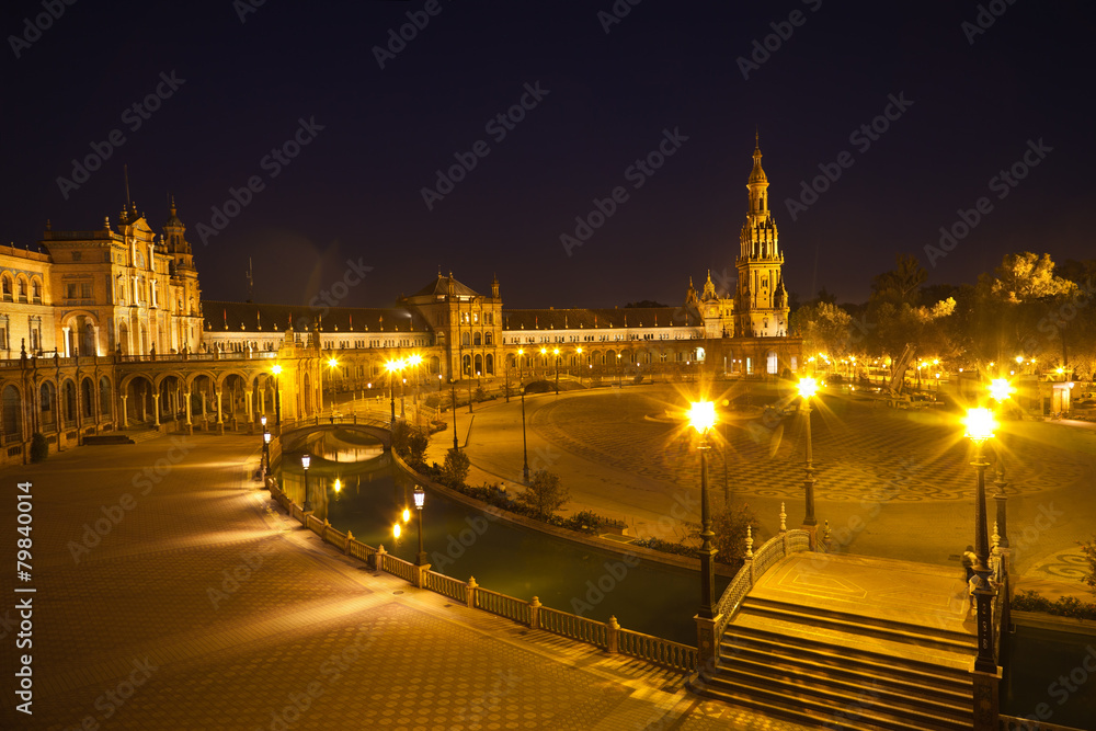 Plaza de Espana in Sevilla at night, Spain