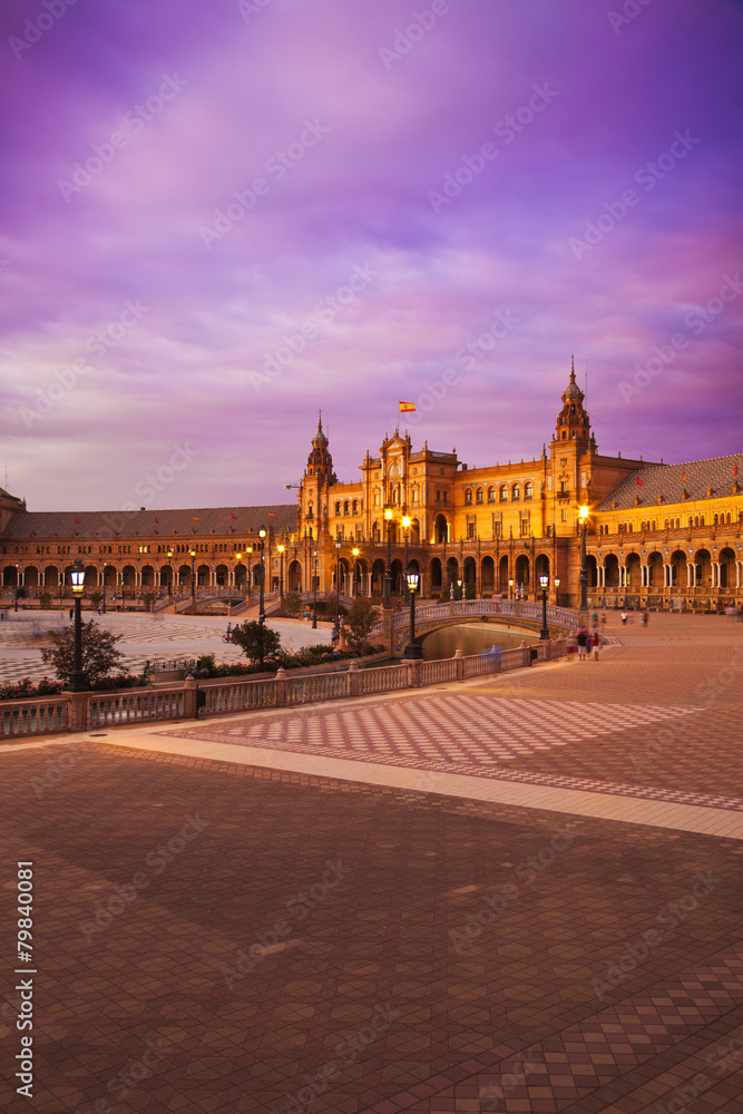 Plaza de España in Sevilla at dusk, Spain