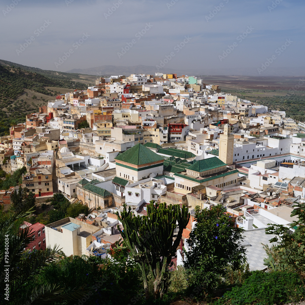 Morocco. Aerial view of Moulay Idriss Zerhoun near Meknes