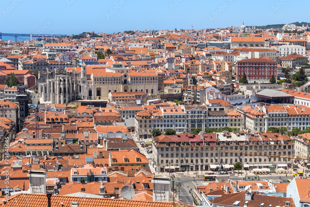 Bird view of Lisboa downtown. Baixa, Rossio and Chiado rooftops
