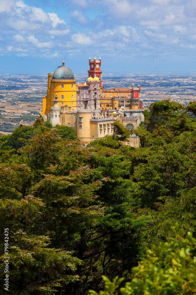 Panorama of Pena National Palace above Sintra town, Portugal. 
