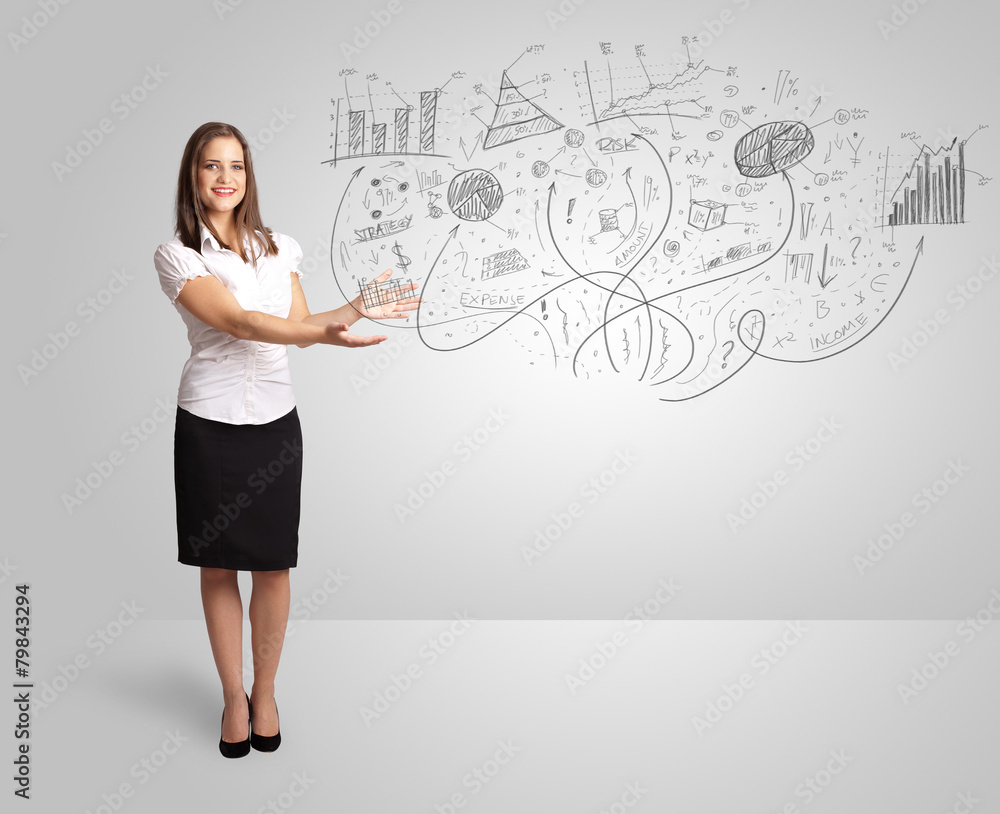 Business girl presenting hand drawn sketch graphs and charts Business girl presenting hand drawn sketch graphs and charts