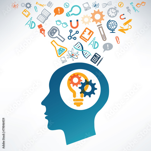 Human head and science icons. The concept of scientific discover