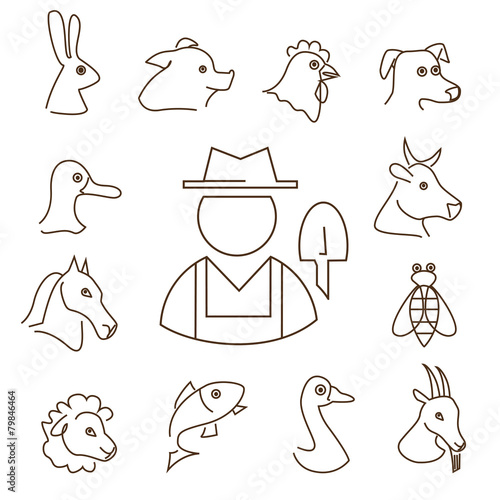 farm animals linear icons set, thin lines silhouettes of animals