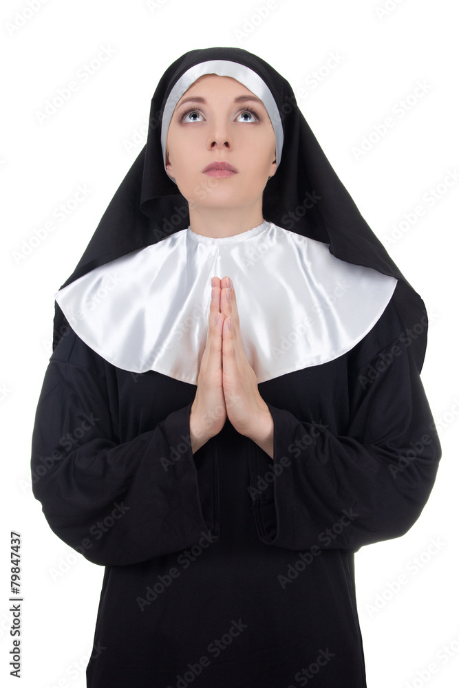 portrait of young beautiful woman nun praying isolated on white portrait of young beautiful woman nun praying isolated on white
