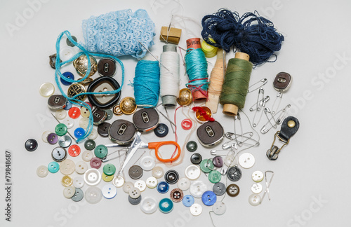 multiple various sewing set objects on grey background