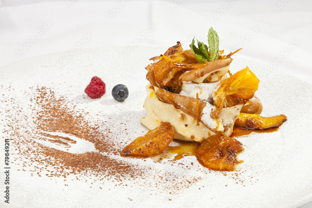 Crepe pancake with whipped cram and fruit Crepe pancake with whipped cram and fruit