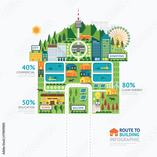Infographic business building house shape template design.route
