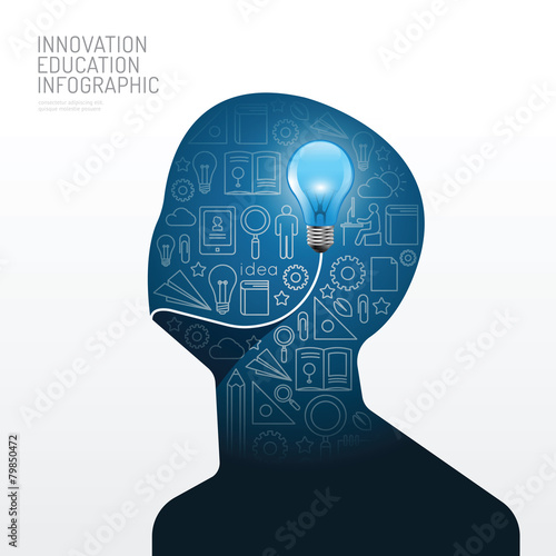 Infographic man with light bulb flat line idea. Vector illustrat