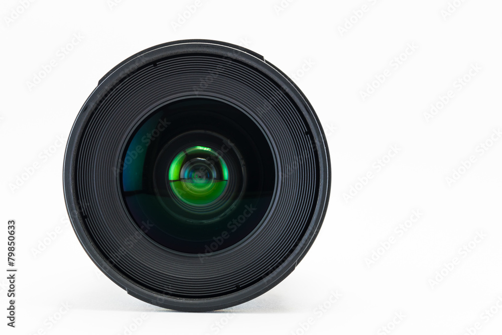 Front view of camera lens on white background
