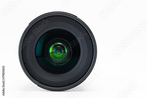 Front view of camera lens on white background
