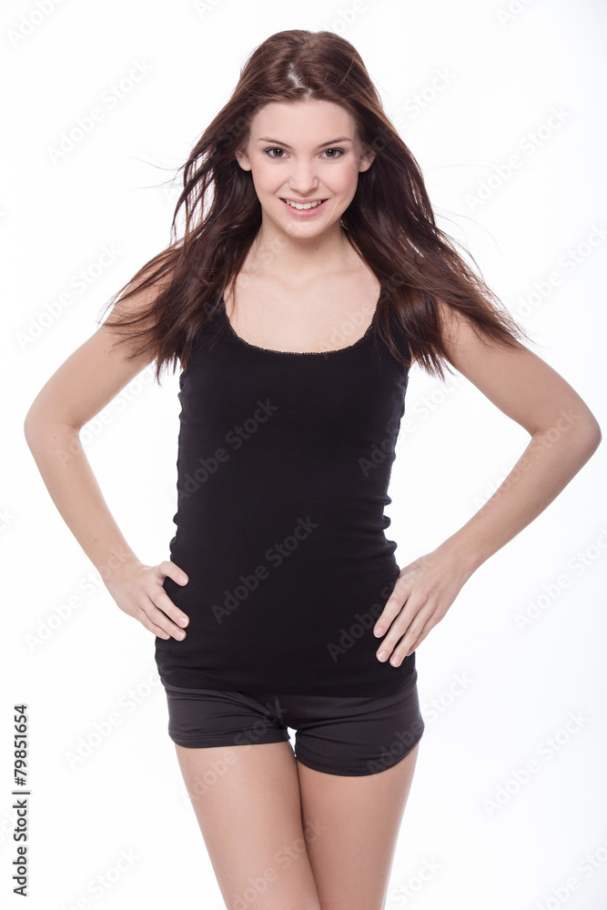 Healthy sporty girl stand in white background. Healthy sporty girl stand in white background.