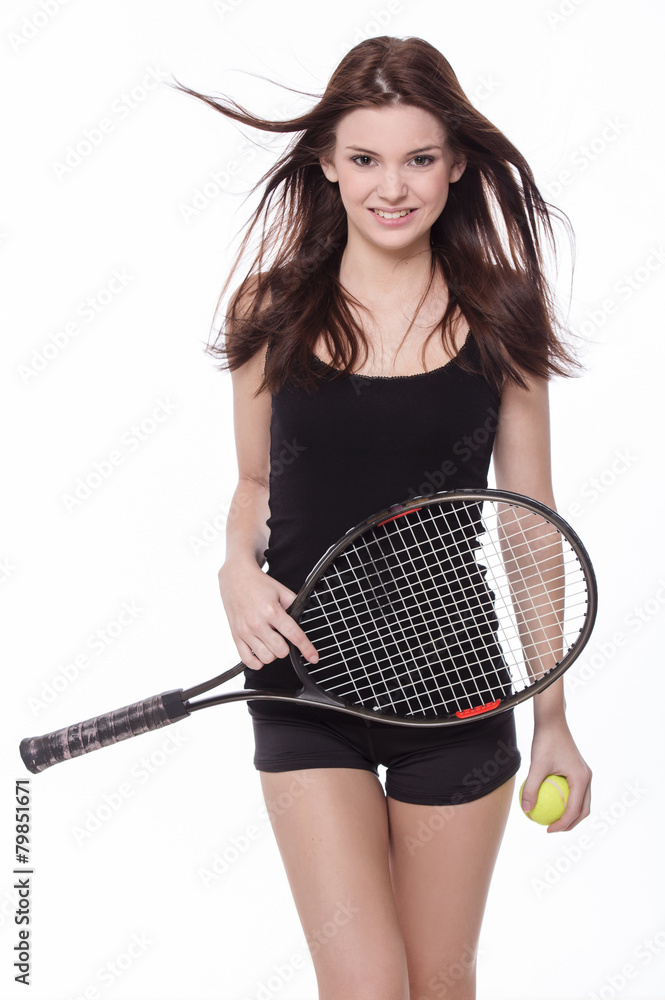 Healthy sporty girl with tennis racket and tennis ball Healthy sporty girl with tennis racket and tennis ball