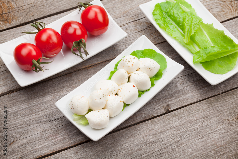 Tomatoes, mozzarella and green salad leaves Tomatoes, mozzarella and green salad leaves