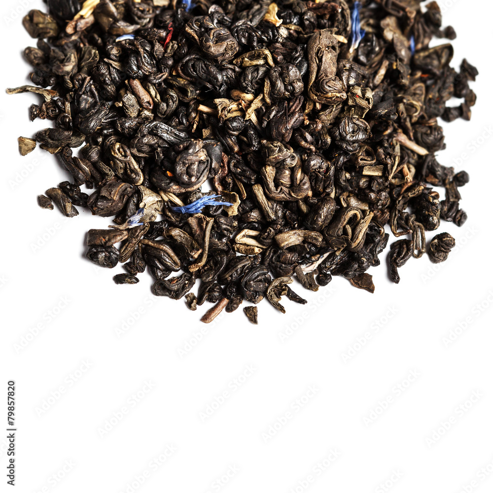 Dried Green Tea leaves isolated on a white background close up w Dried Green Tea leaves isolated on a white background close up w
