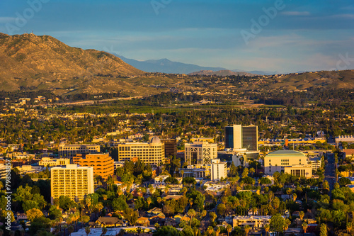 Evening light on on distant mountains and the city of Riverside,