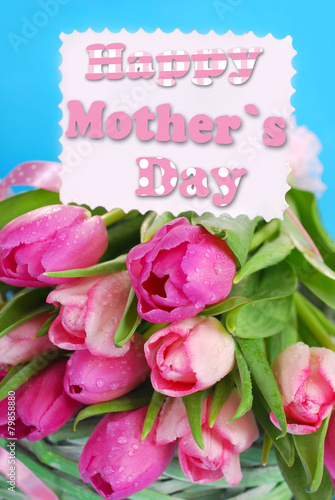bunch of pink tulips and  card for mom