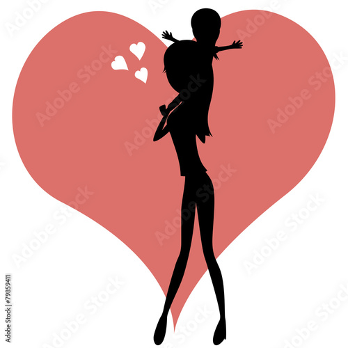 Silhouette of a girl sit on mother's neck (heart in background)