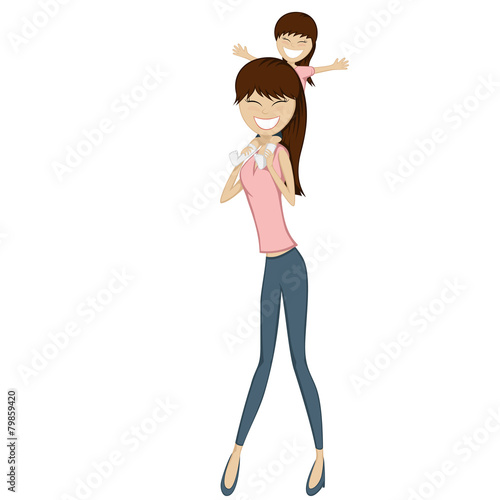 A cute brunette little girl sit on her brunette mother's neck