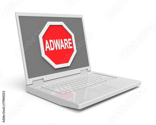 Adware warning sign on laptop screen. 