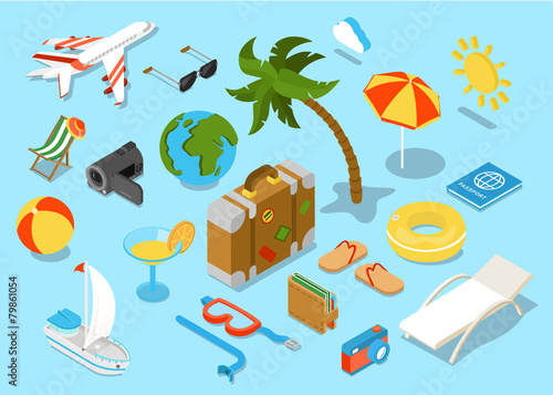 Flat 3d isomectric travel objects icon set