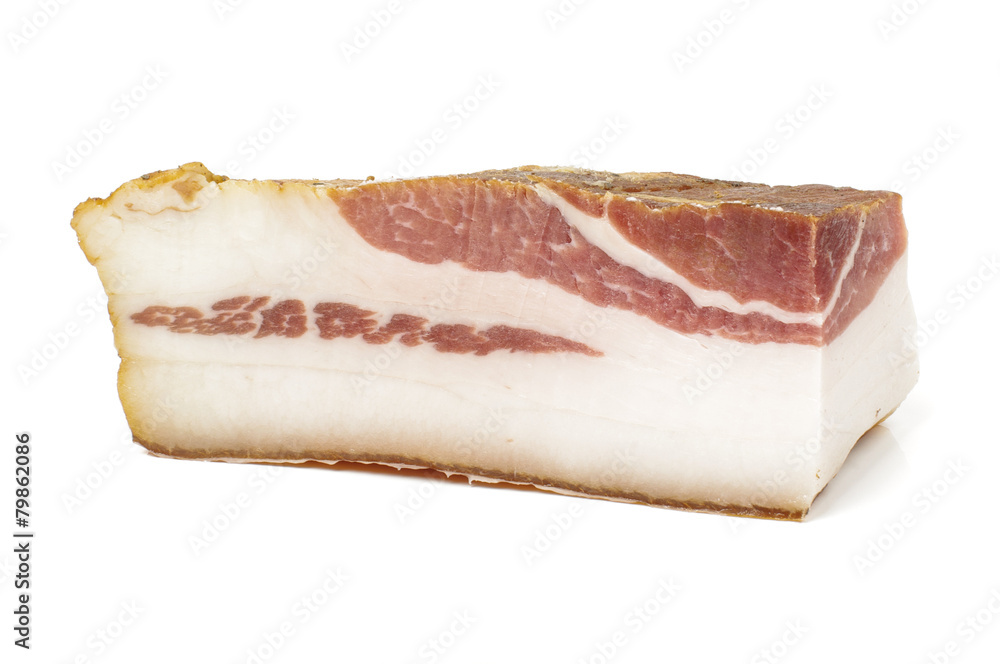 Piece of smoked bacon meat flitch isolated with clipping path Piece of smoked bacon meat flitch isolated with clipping path